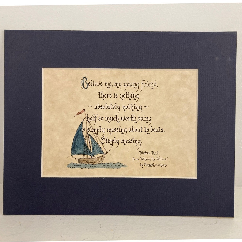 8x10 Wind in the Willows Messing About in Boats Quote Art Print Navy Blue Mat